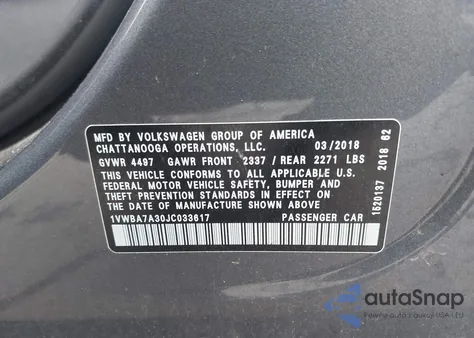 2018 Volkswagen Passat 2.0T Se z USA, uszkodzony, nr VIN 1VWBA7A30JC033617